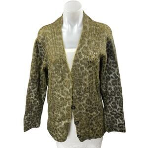 Zara Green Textured Knit Leopard Animal Print Button Long Sleeve Coat Jacket M